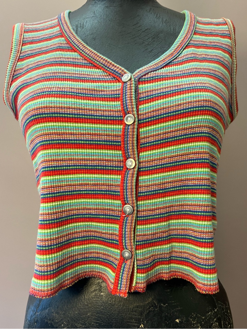Vintage Express Tricot Colorful Rainbow Stripe Knit Cardigan Vest Size Medium